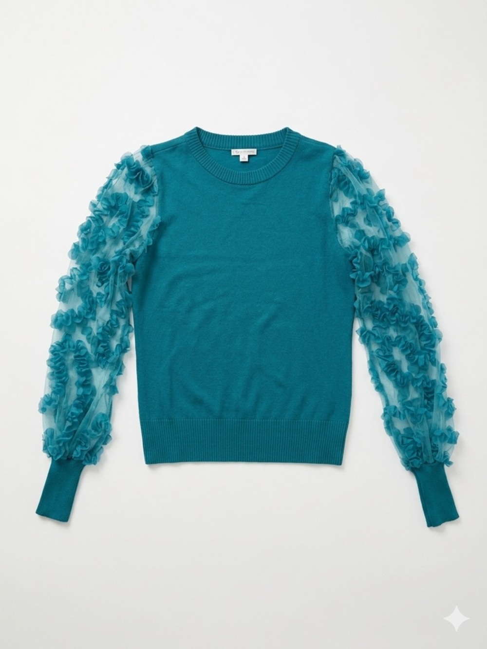Cato Teal Crewneck Sweater With Shear Puffed Embellished Sleeve